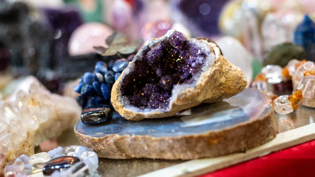 amethyst placed on a table at tucson gem show